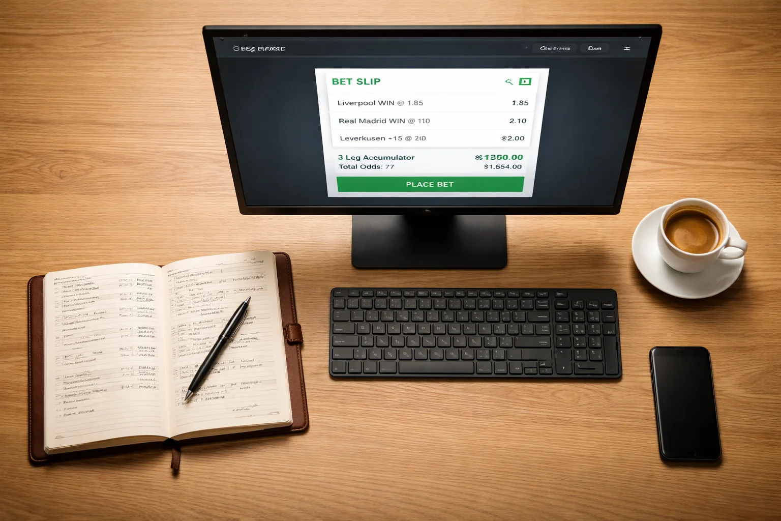 Mesa de trabalho organizada de apostador profissional focado em apostas simples