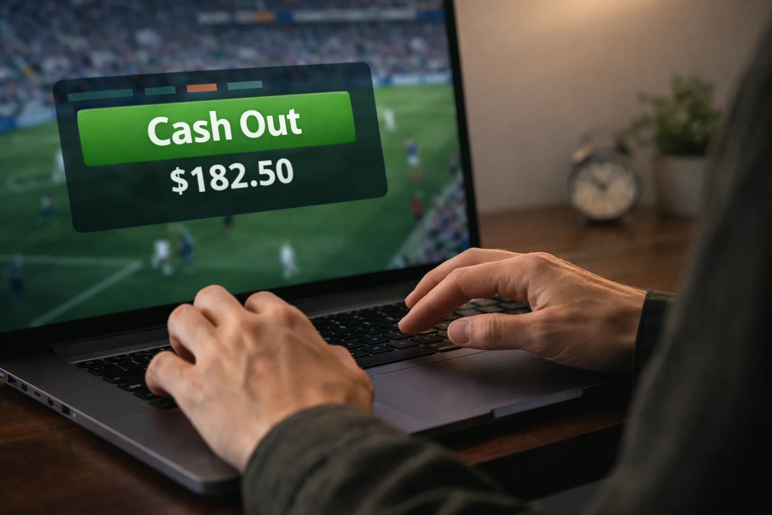 Apostador tomando decisao sobre cash out com tela mostrando opcoes