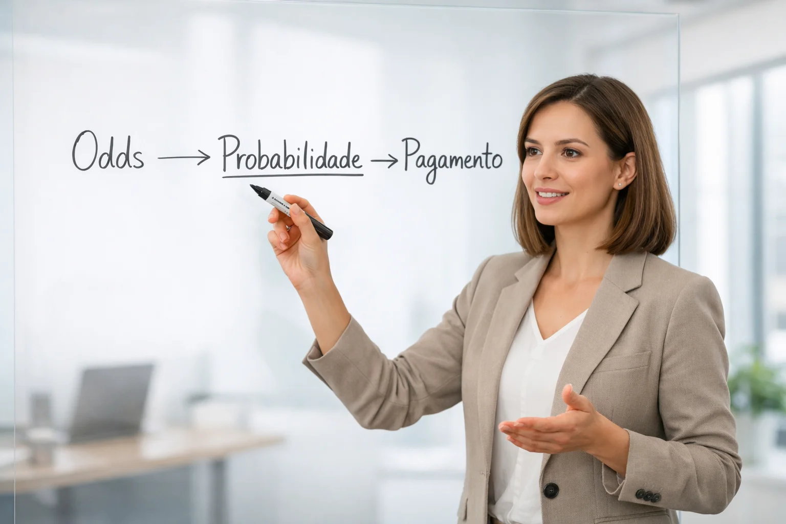 Profissional explicando conceito de odds com anotacoes em quadro branco