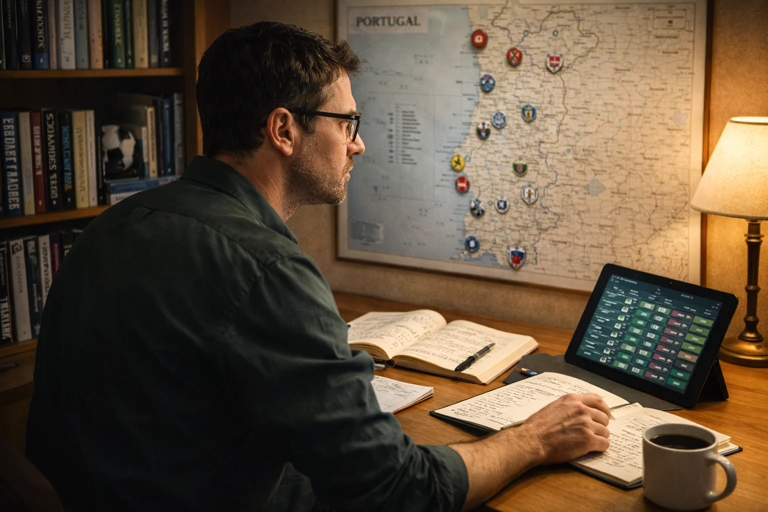 Especialista estudando uma liga de futebol especifica com mapas e estatisticas detalhadas