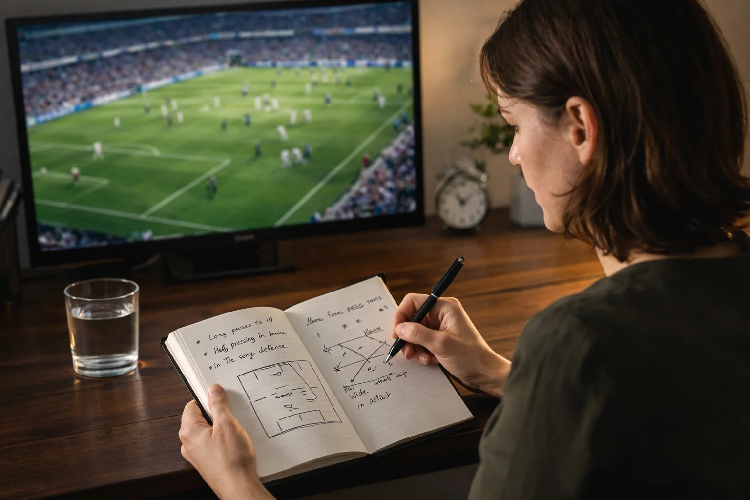 Apostador focado analisando jogo ao vivo com anotacoes estrategicas