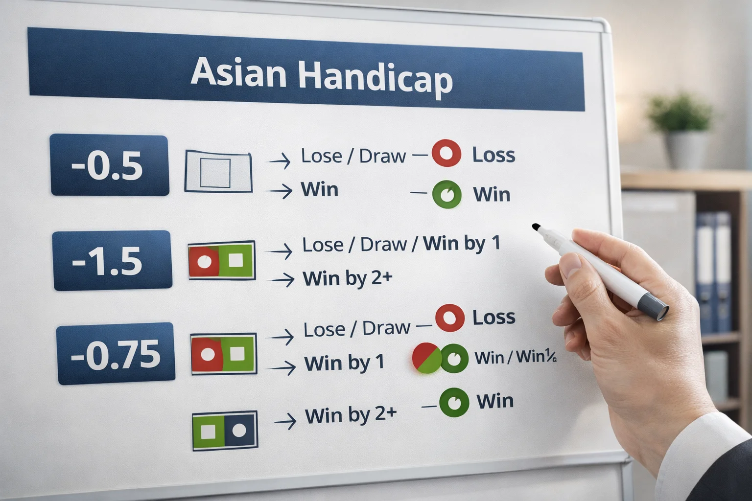 Diagrama explicativo de handicap asiatico com exemplos de linhas fracionarias
