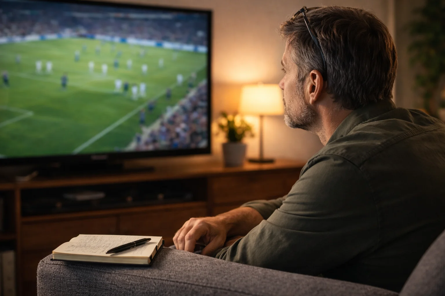 Fa de futebol assistindo atentamente partida ao vivo na televisao com foco e concentracao